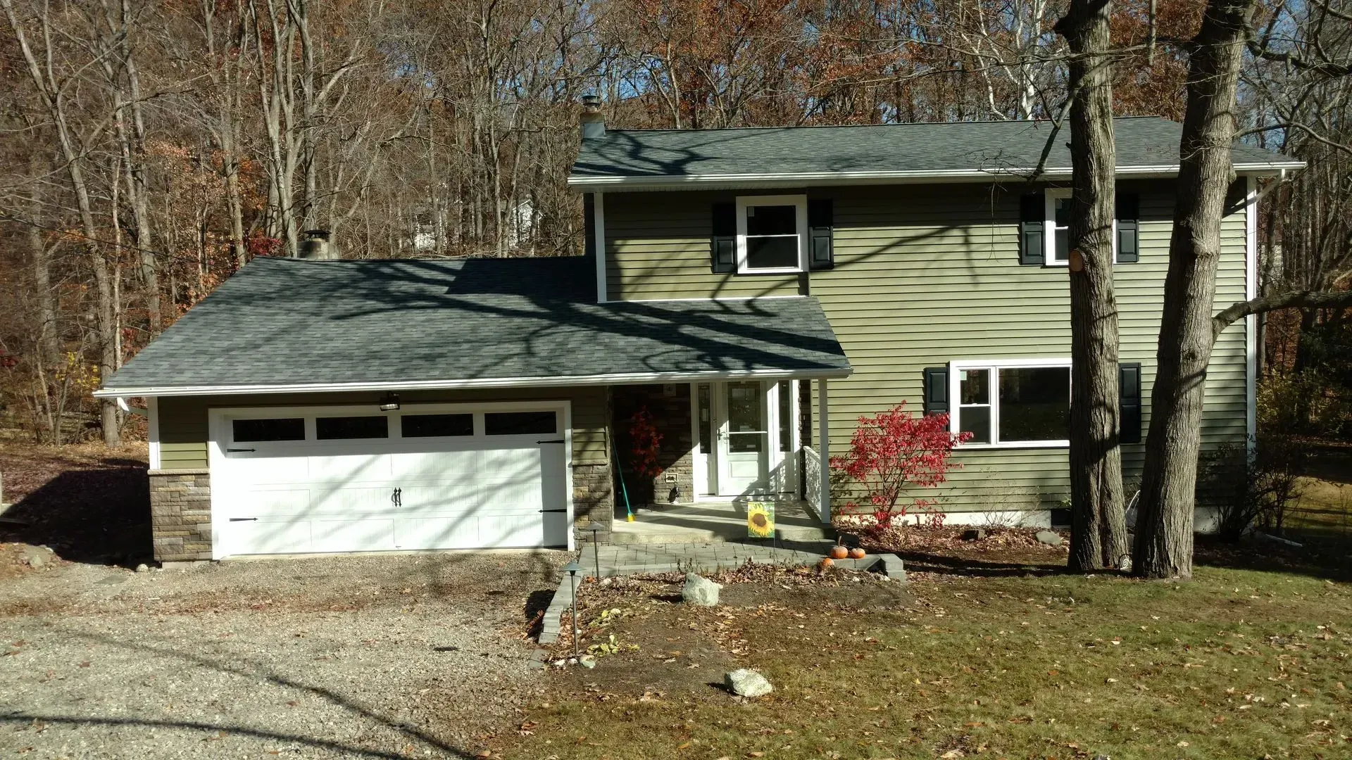 A house with a garage and a tree in front of it