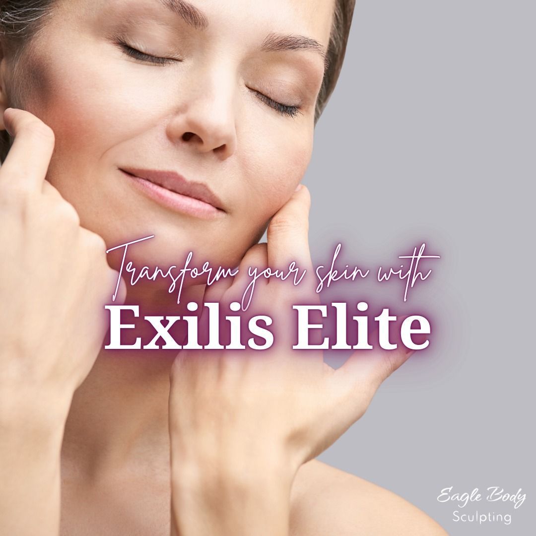 A woman with her eyes closed and the words exilis elite on her face