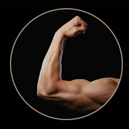 A man is flexing his arm in a circle on a black background