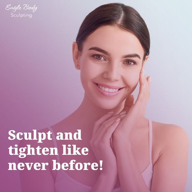 A woman is smiling and touching her face with the words sculpt and tighten like never before