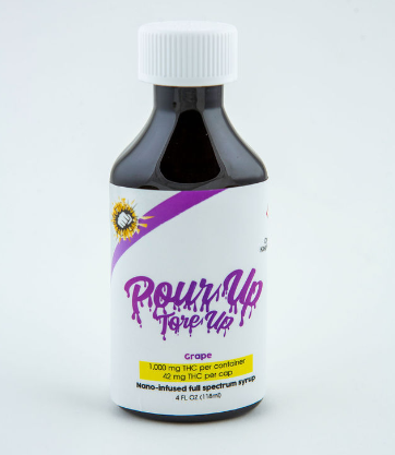 A bottle of pour up grape syrup on a white background.