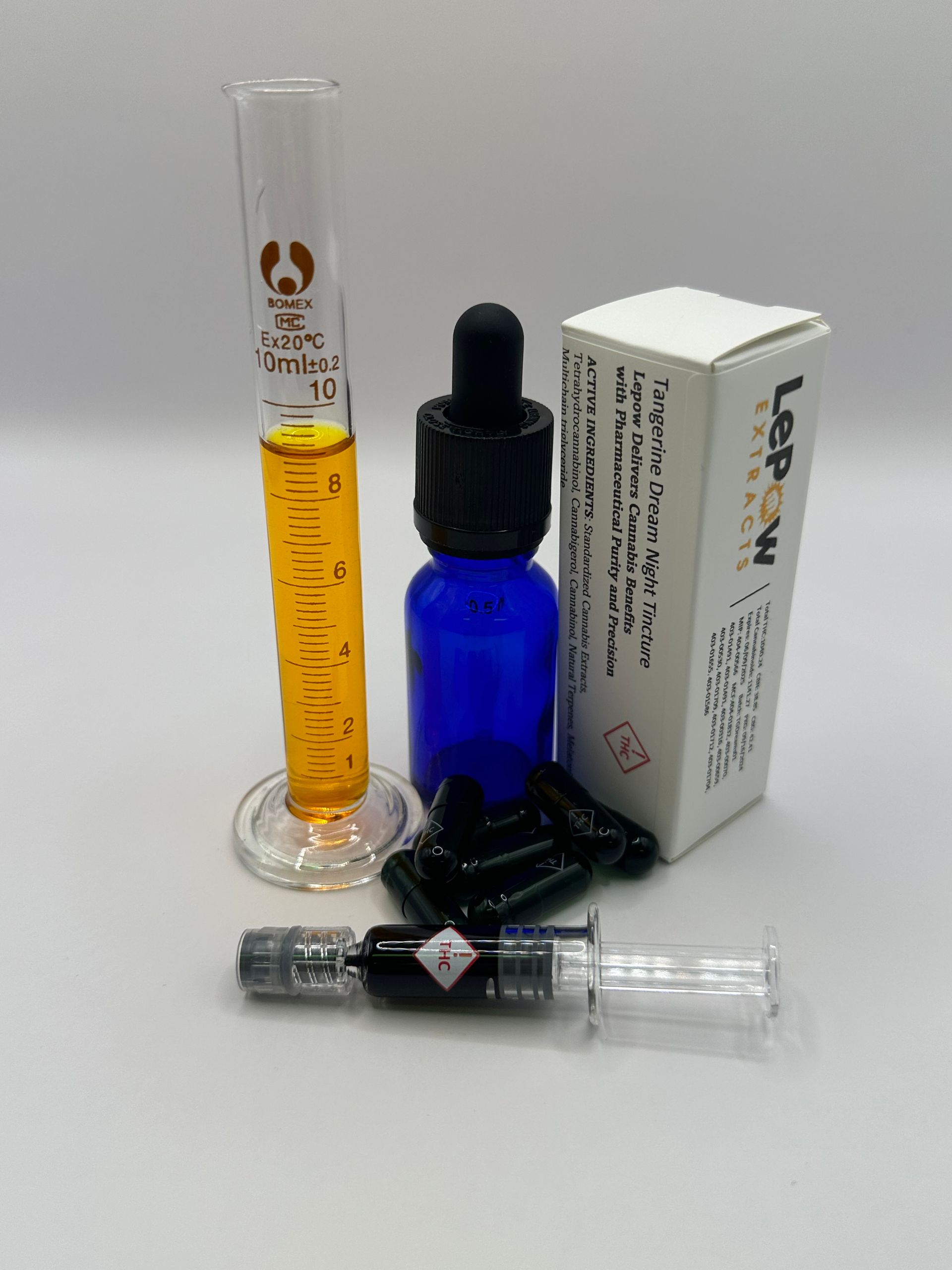 A blue bottle with a dropper is next to a measuring cup and a syringe.