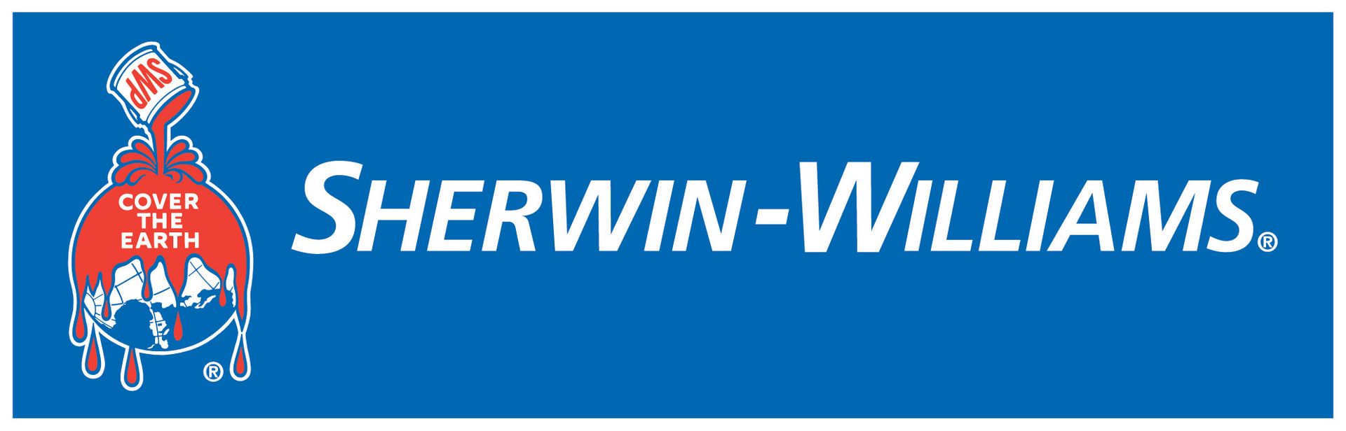 Sherwin-Williams logo with an illustration of the globe being covered in paint, and text on blue background.