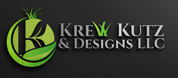 Logo with a green "K" inside a circle, grass blades, and the text "KREw KUTZ & DESIGNS".