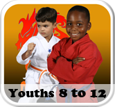 two young boys in karate uniforms are standing next to each other .