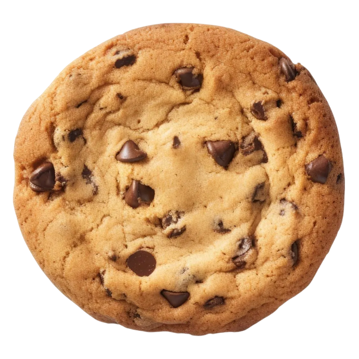 Chocolate chip cookie, golden brown with dark chocolate chips.