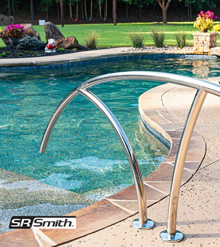 A Staircase Leading To A Swimming Pool With Blue Water — NQ Pool Supplies in Smithfield, QLD
