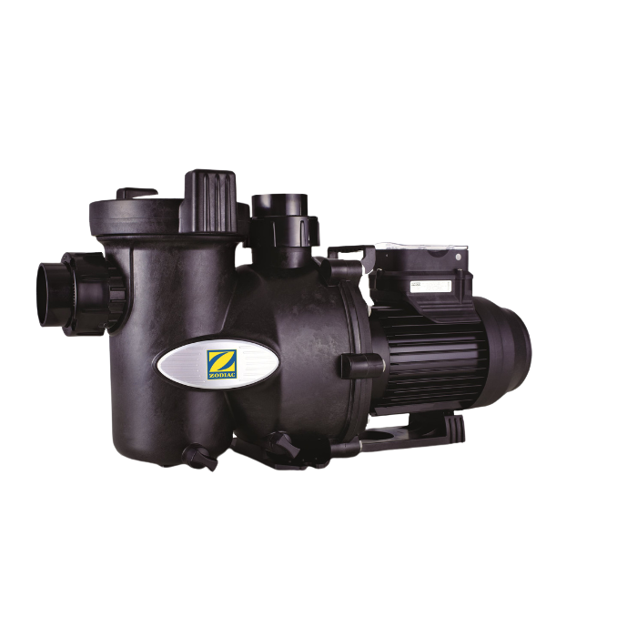 Gray pool filter with yellow connectors and black top labeled