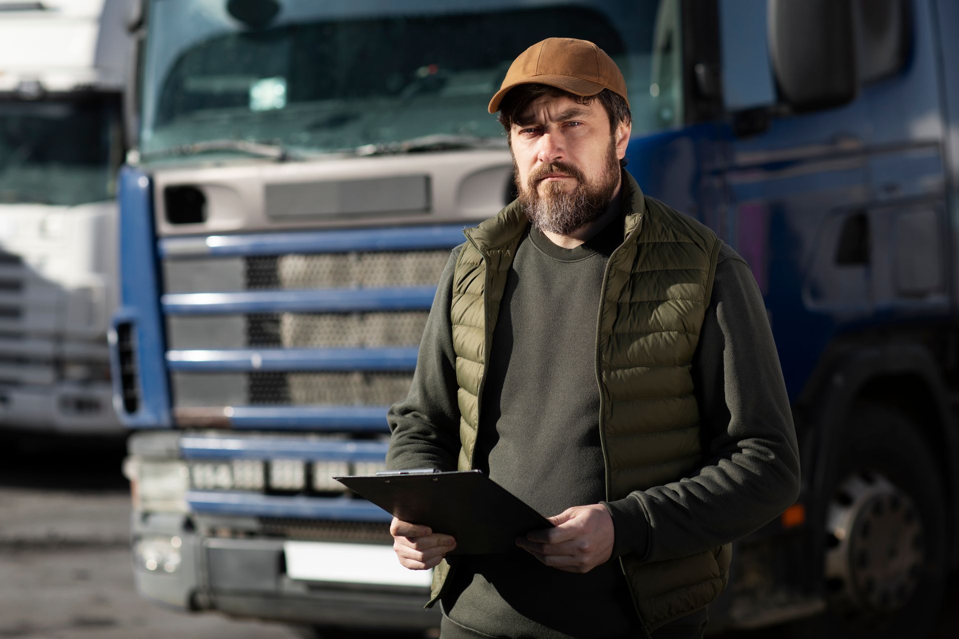 Man with beard and cap stands in front of semi-truck, holding clipboard, looking forward.