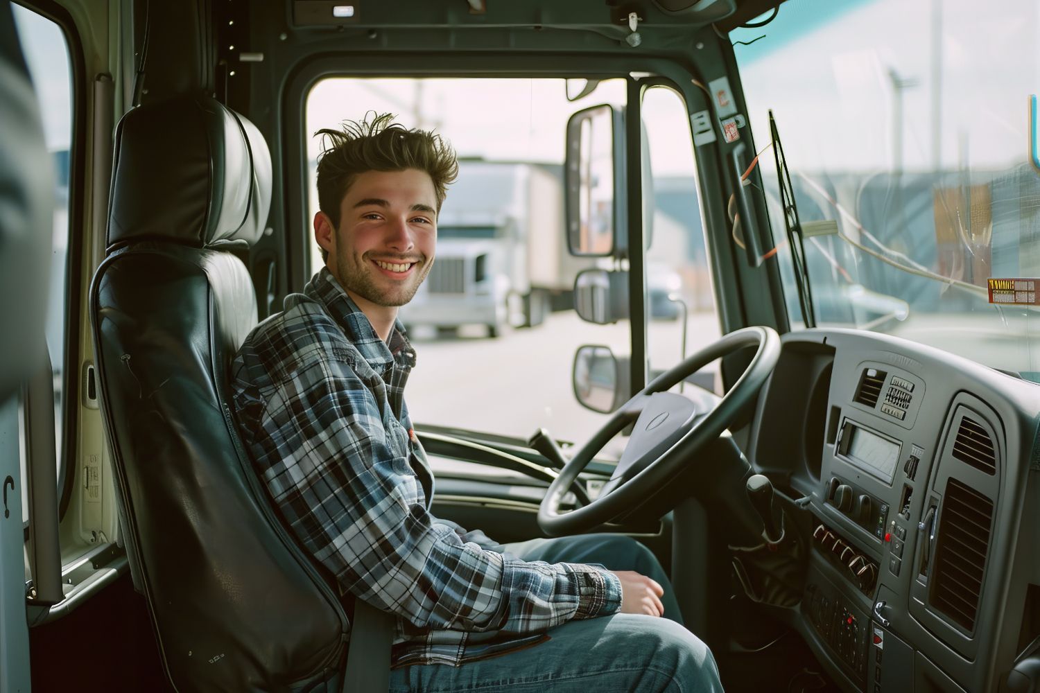 A man is sitting in the driver 's seat of a truck.