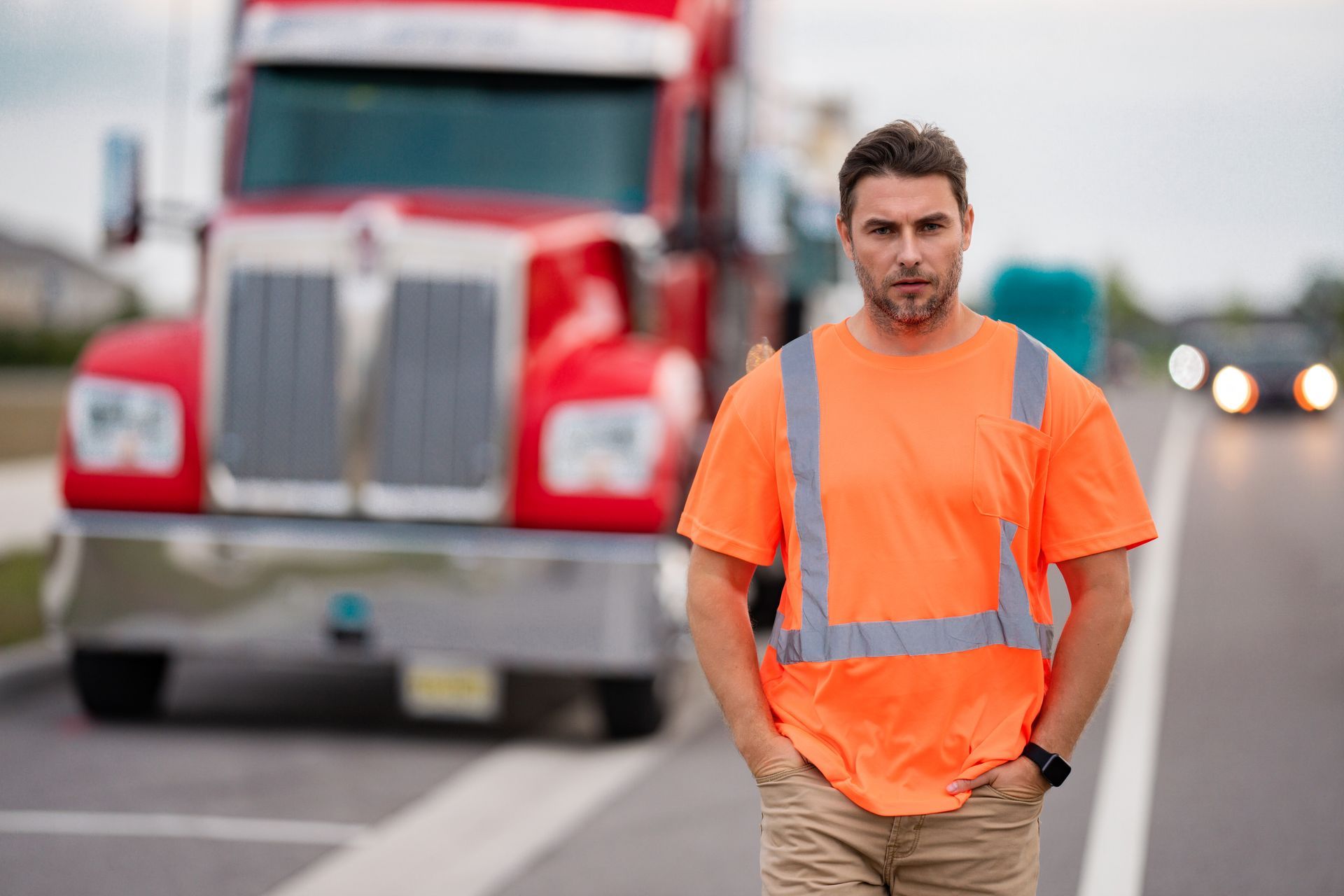 man walking ahead with a red truck in the background