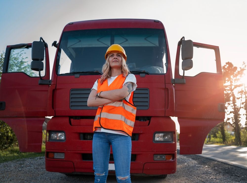 A woman is standing in front of a red truck with her arms crossed.