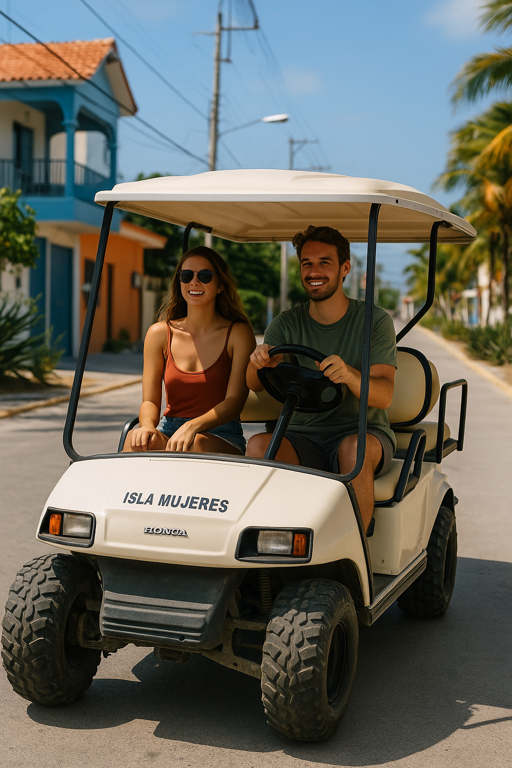 Couple in a beige golf cart, smiling, driving on a sunny street in Isla Mujeres, Mexico.