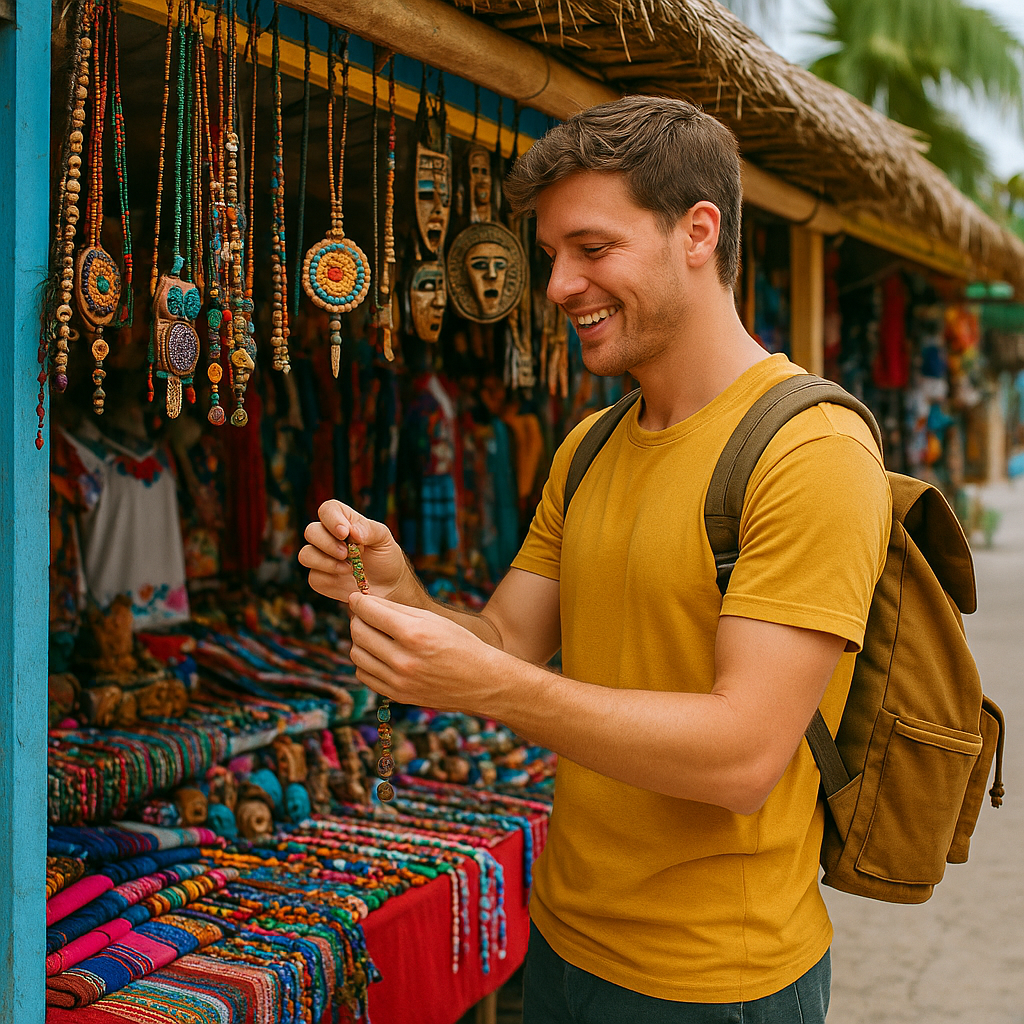 Man examining jewelry at a colorful market stall; he wears a yellow shirt and backpack, smiling.