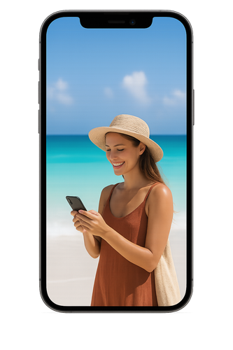 A cell phone with a picture of a swimming pool on the screen.