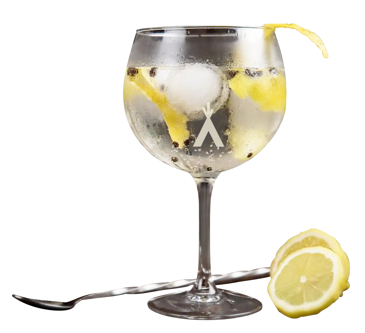 A glass of gin and tonic next to a spoon and a slice of lemon.