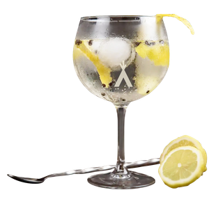 A glass of gin and tonic next to a spoon and a slice of lemon.