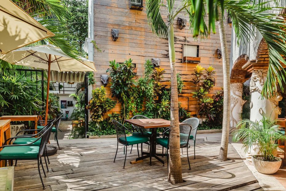 A patio with tables and chairs surrounded by trees and umbrellas.