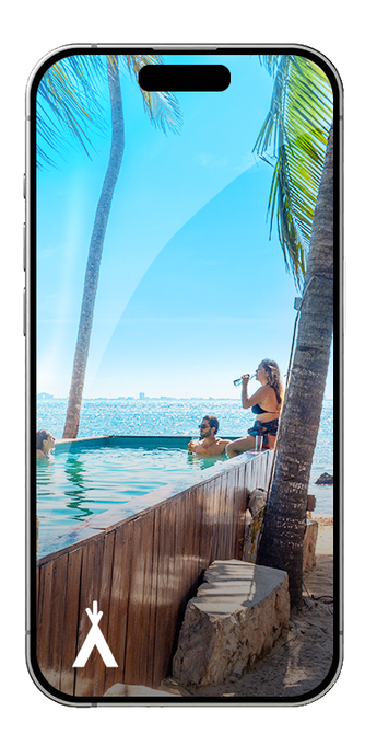 A cell phone with a picture of a swimming pool on the screen.