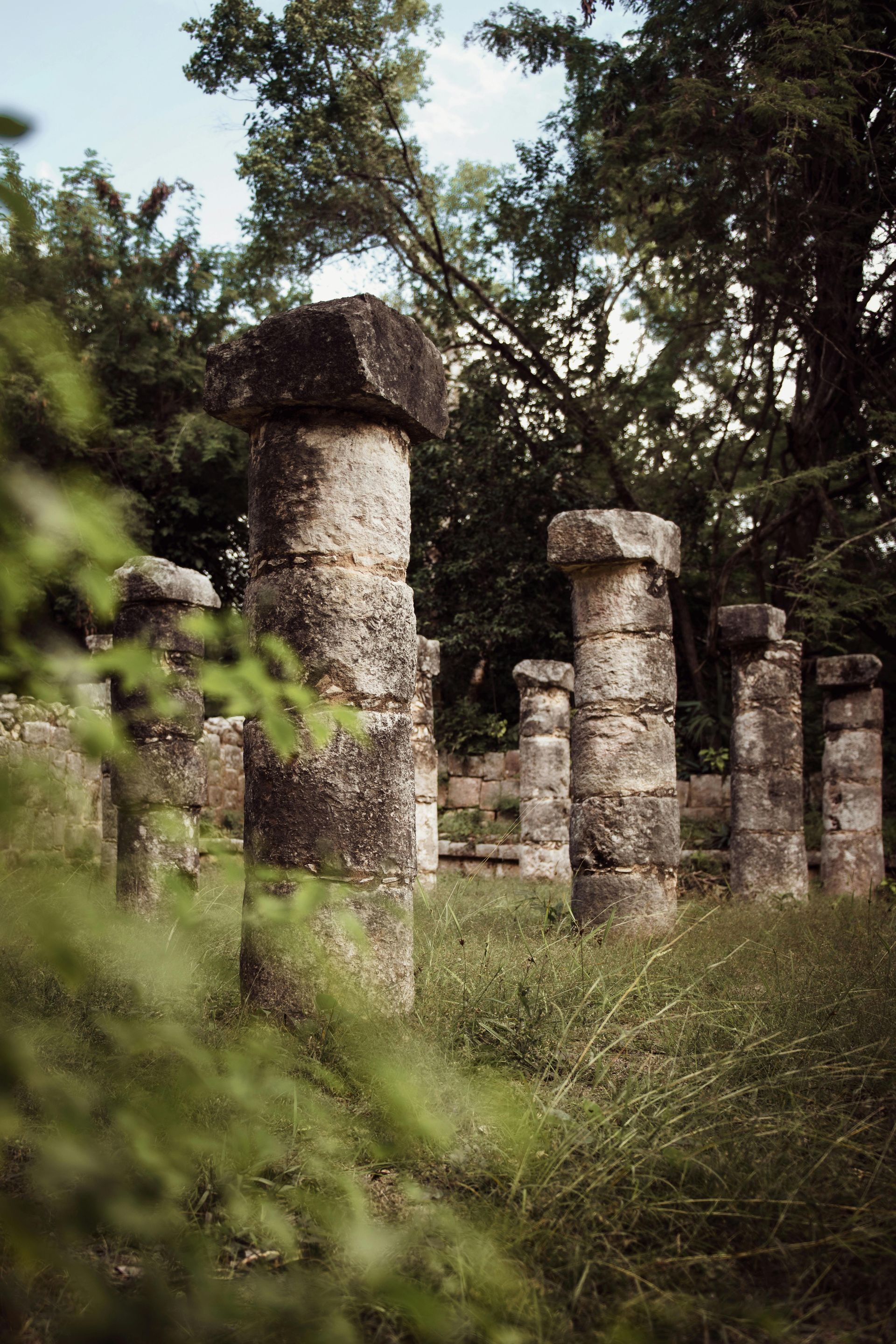 Stone columns in ruins at chichen itza tour, with a backdrop of green trees and grass.