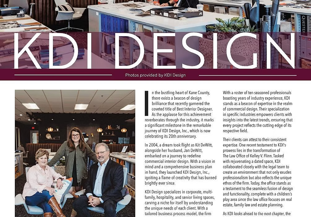 KDI Design magazine spread with three people smiling, celebrating 20 years.