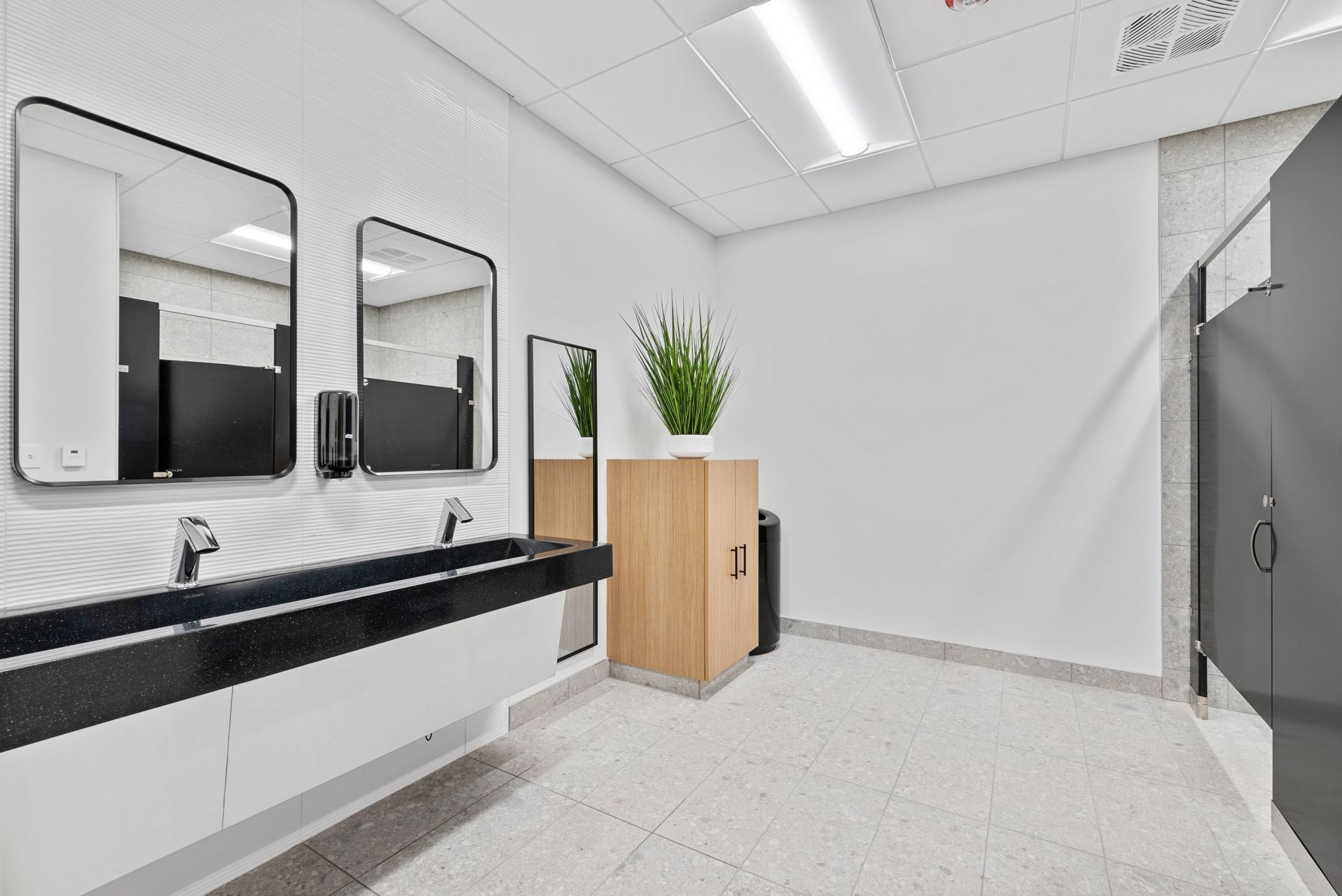 Modern public restroom with sinks, mirrors, stalls, and a potted plant on a wooden cabinet. White walls, gray floor.