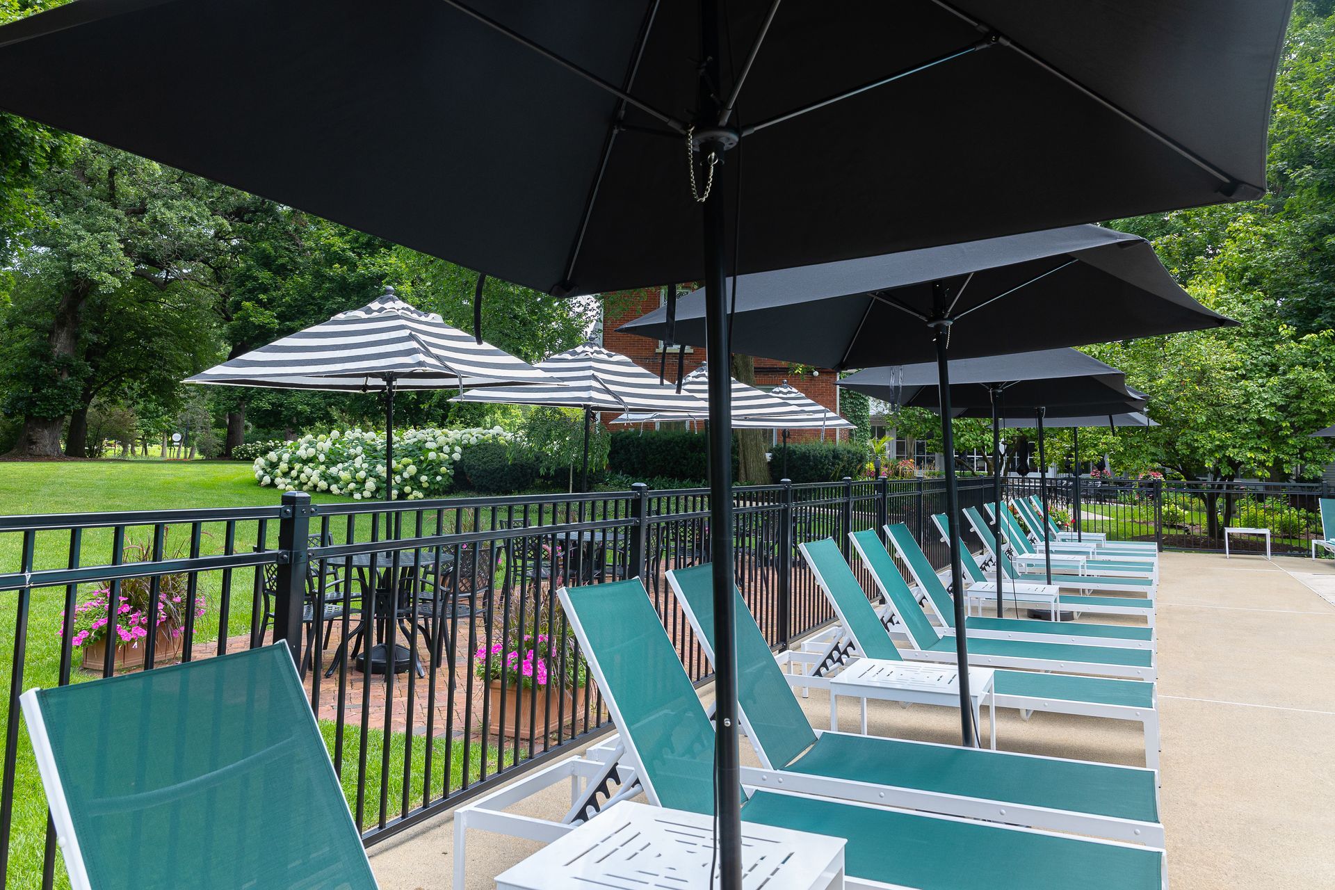 Lounge chairs under black umbrellas by a pool. Green fabric, white tables, fence, and trees.