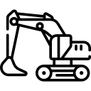 Black line icon of an excavator with a bucket and tracks.