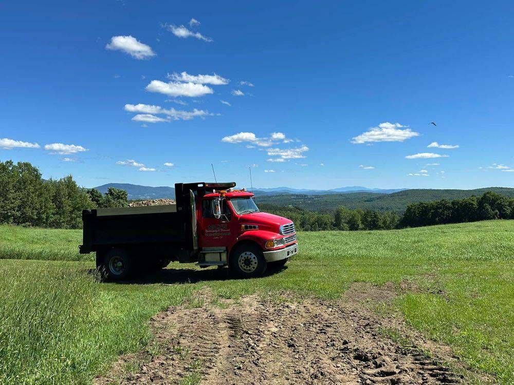 A red dump truck is parked in a grassy field.