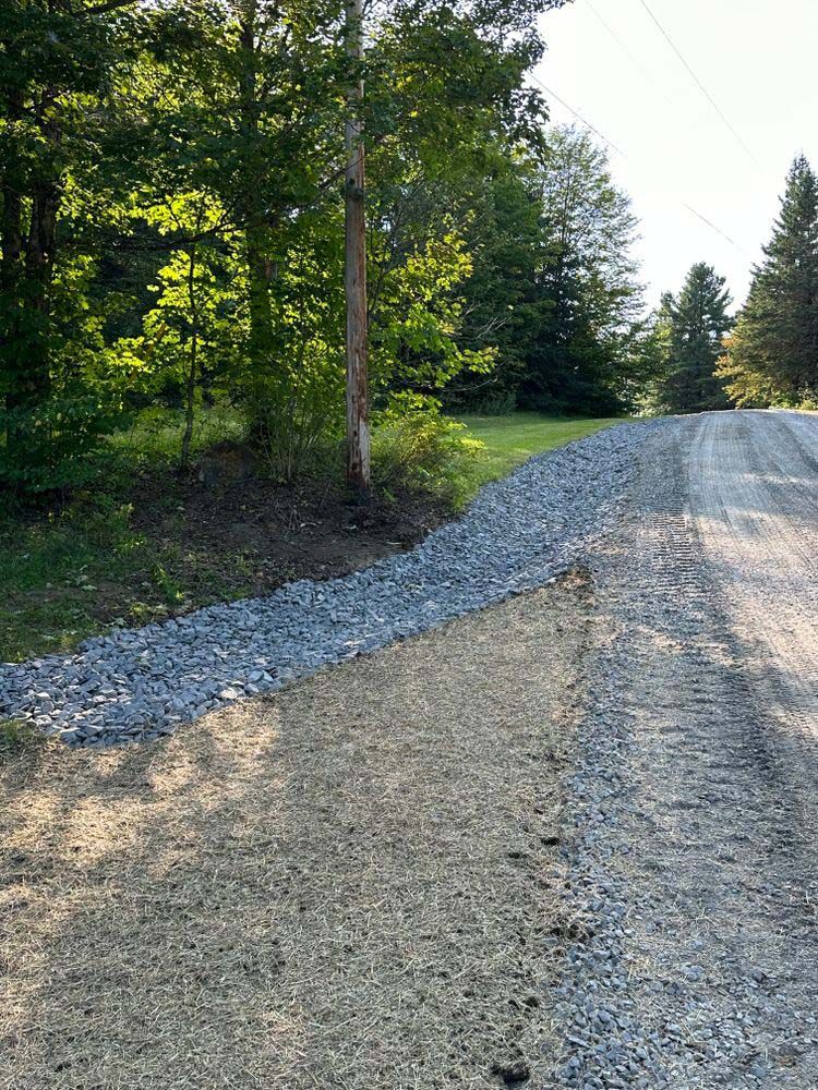 A dirt road going through a forest with trees on both sides.