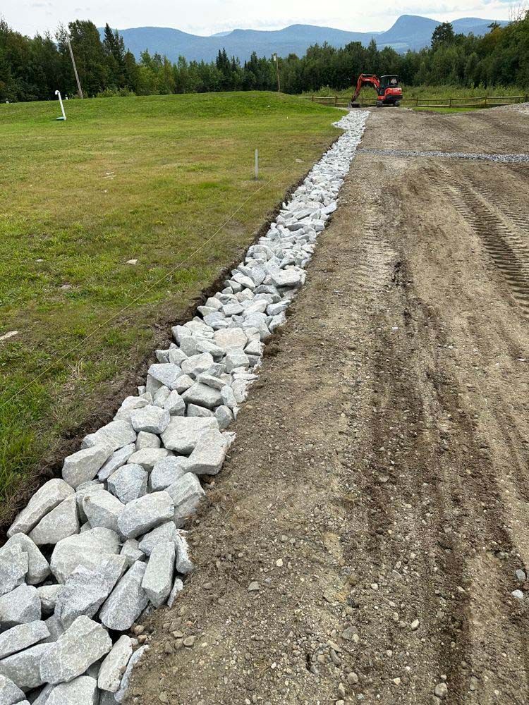 A row of rocks sitting on top of a dirt road next to a grassy field.