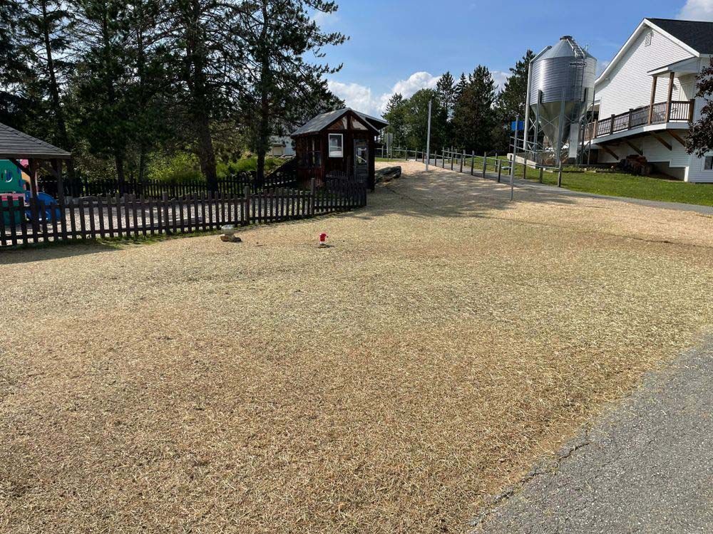 A dirt road leading to a house with a fence and a silo in the background.