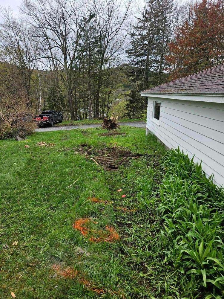 A white house is sitting in the middle of a lush green field.
