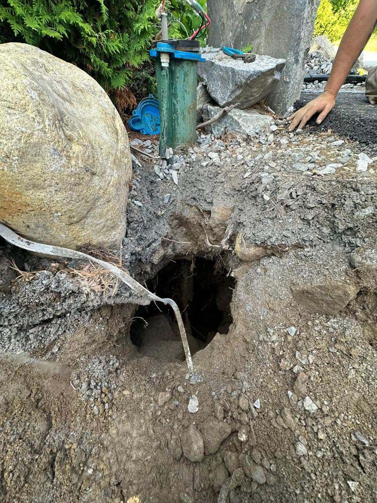 A person is digging a hole in the ground next to a large rock.