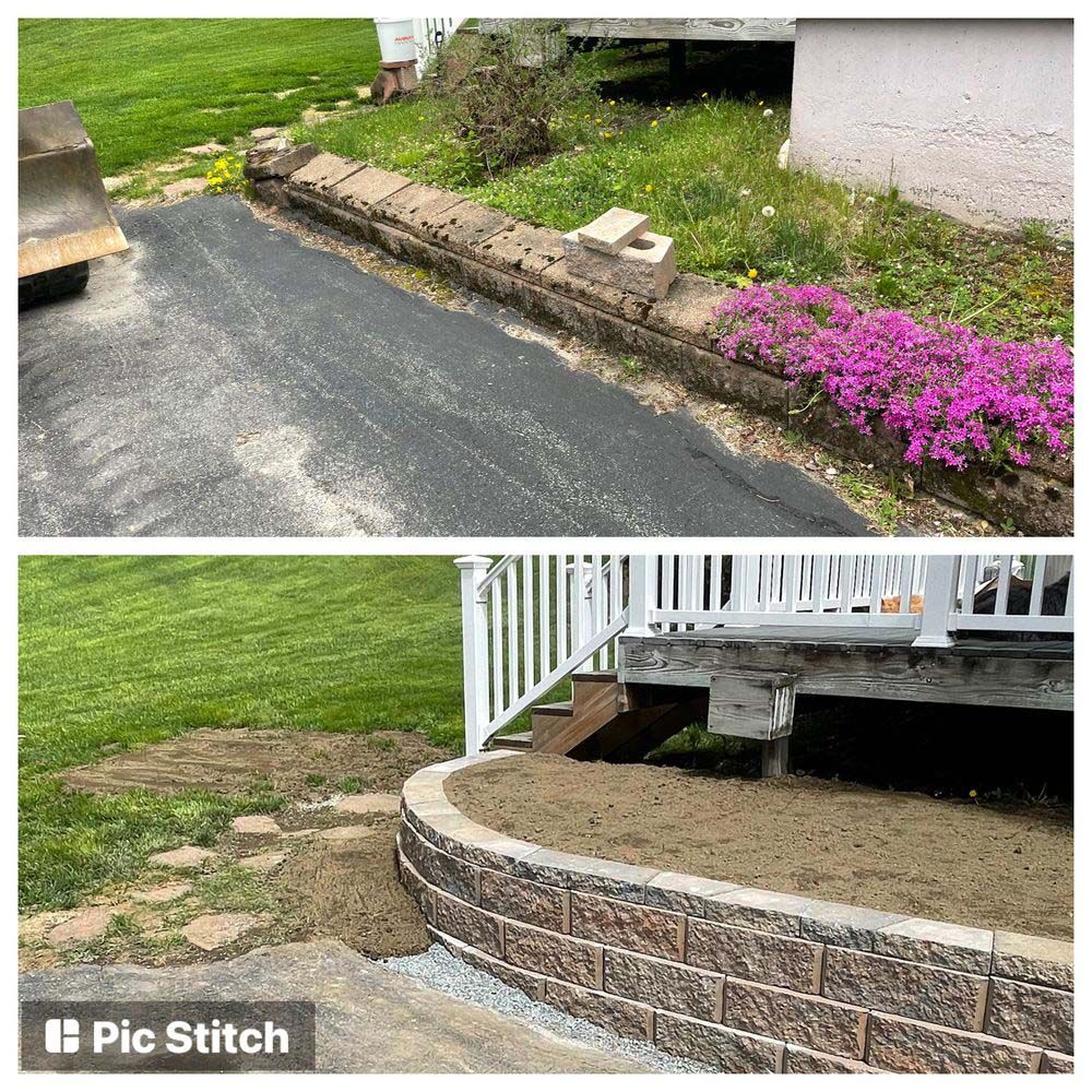 A before and after photo of a driveway and a deck.