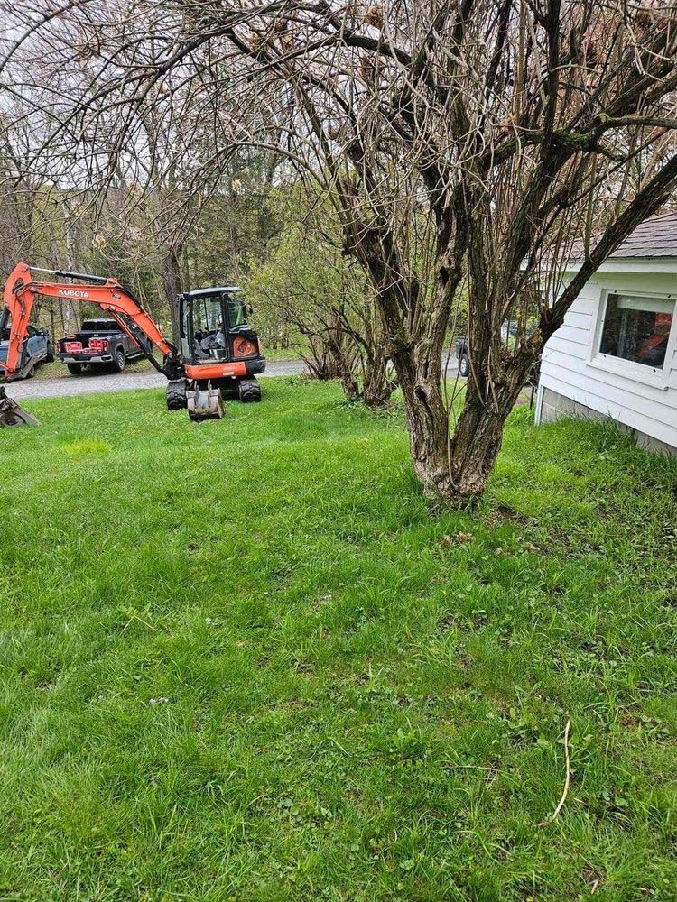 A small excavator is parked in the grass in front of a house.