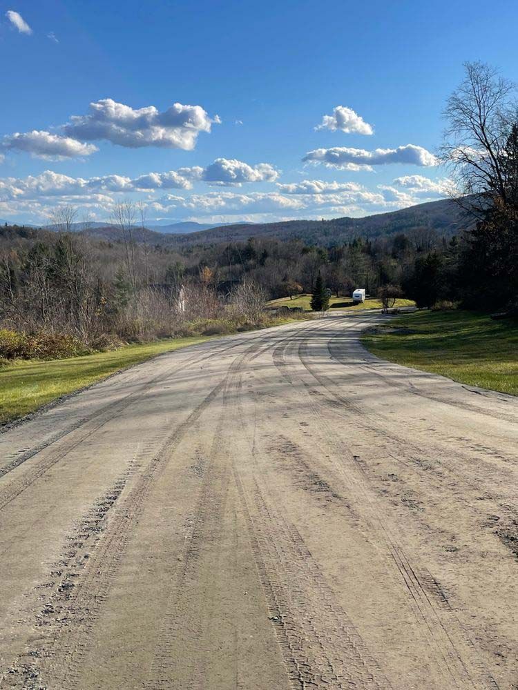 A dirt road going through a forest with mountains in the background.