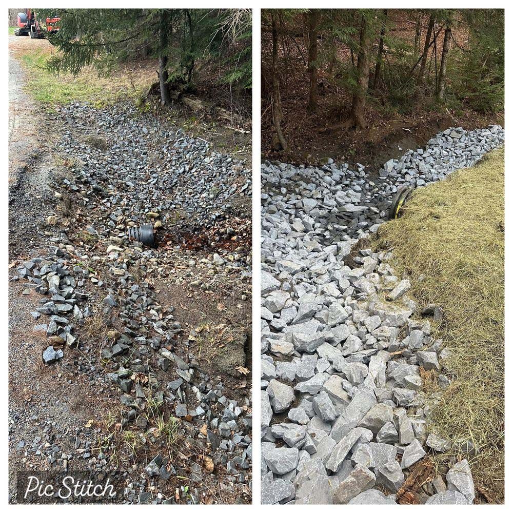 A before and after picture of a stream being filled with rocks.