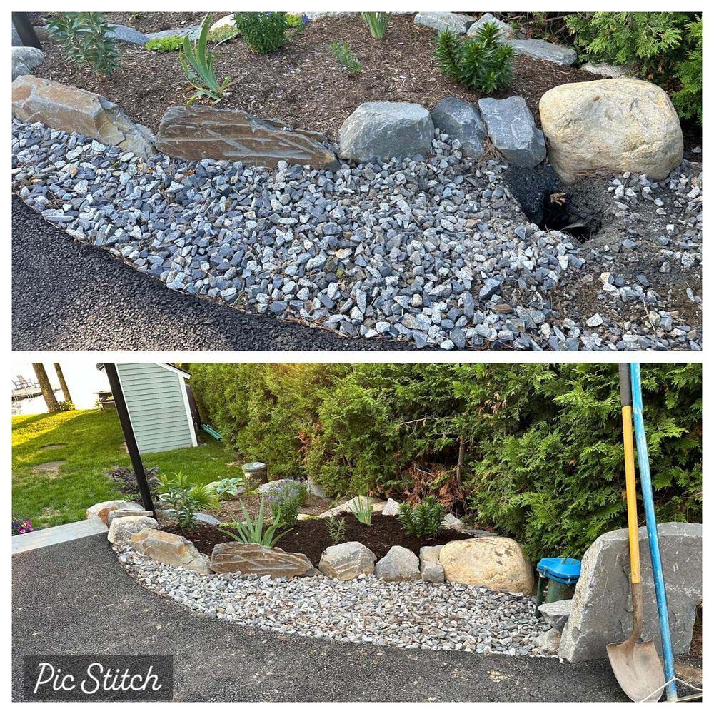 A before and after picture of a rock garden with a shovel in the foreground.