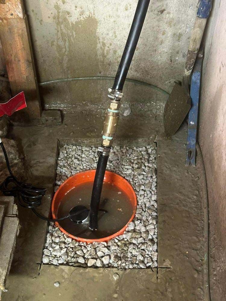 A bucket of water is sitting on the ground next to a pipe.