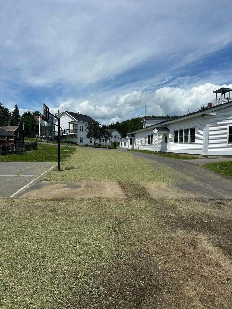 A basketball court is in the middle of a grassy field in front of a row of white buildings.