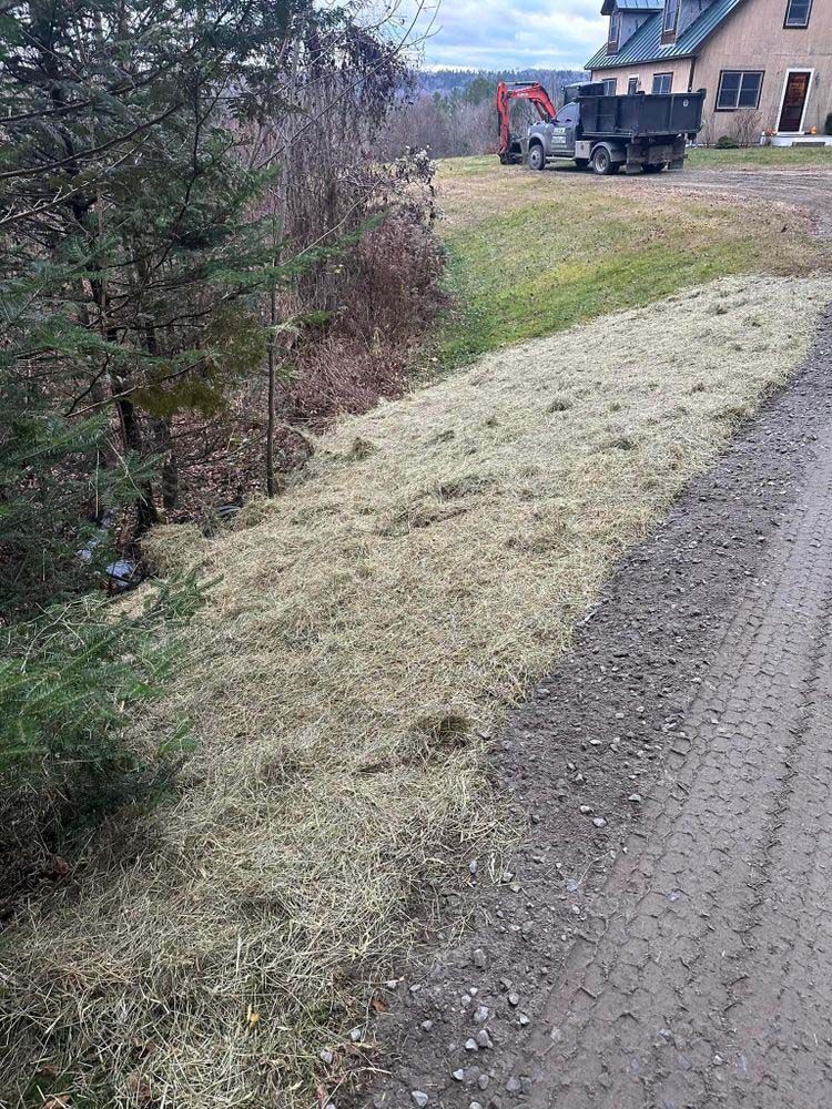 A truck is parked on the side of a dirt road next to a house.