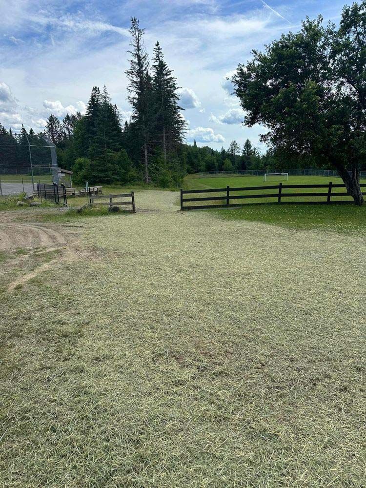 A large grassy field with a wooden fence and trees in the background.