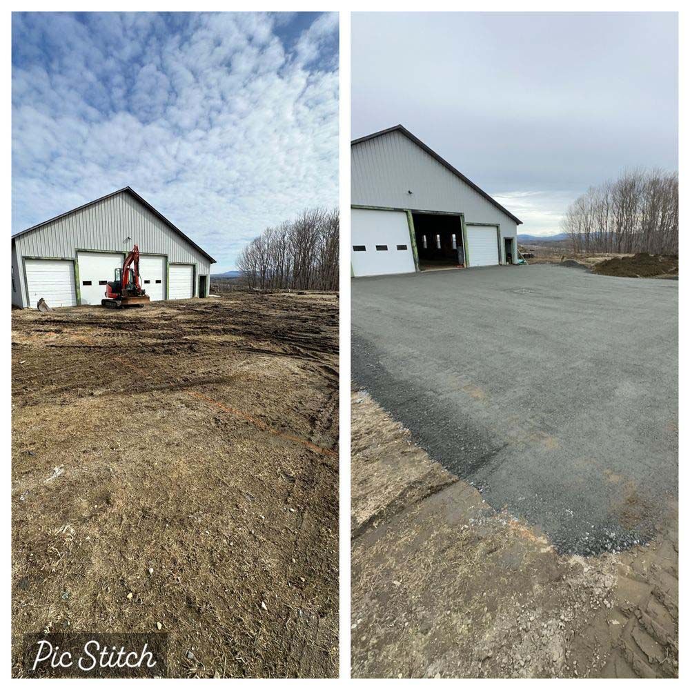 A before and after picture of a building and a driveway