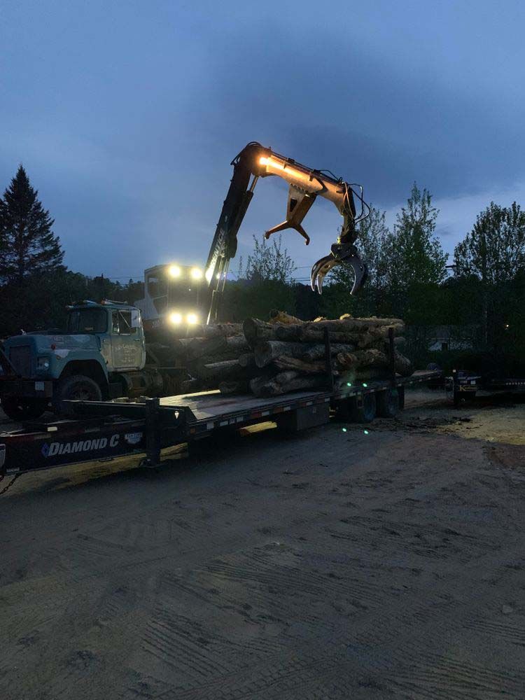 A crane is loading logs onto a trailer at night.