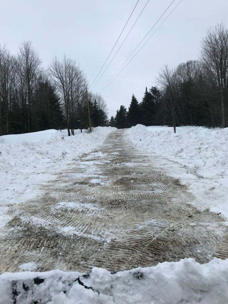 A snowy road with trees on the side of it