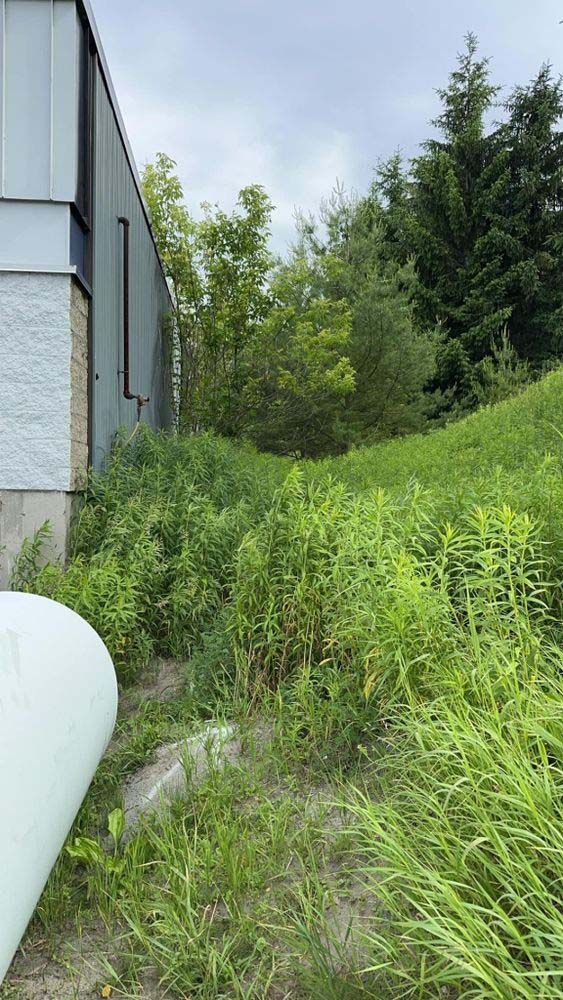 A white pipe is sitting in the grass in front of a building.
