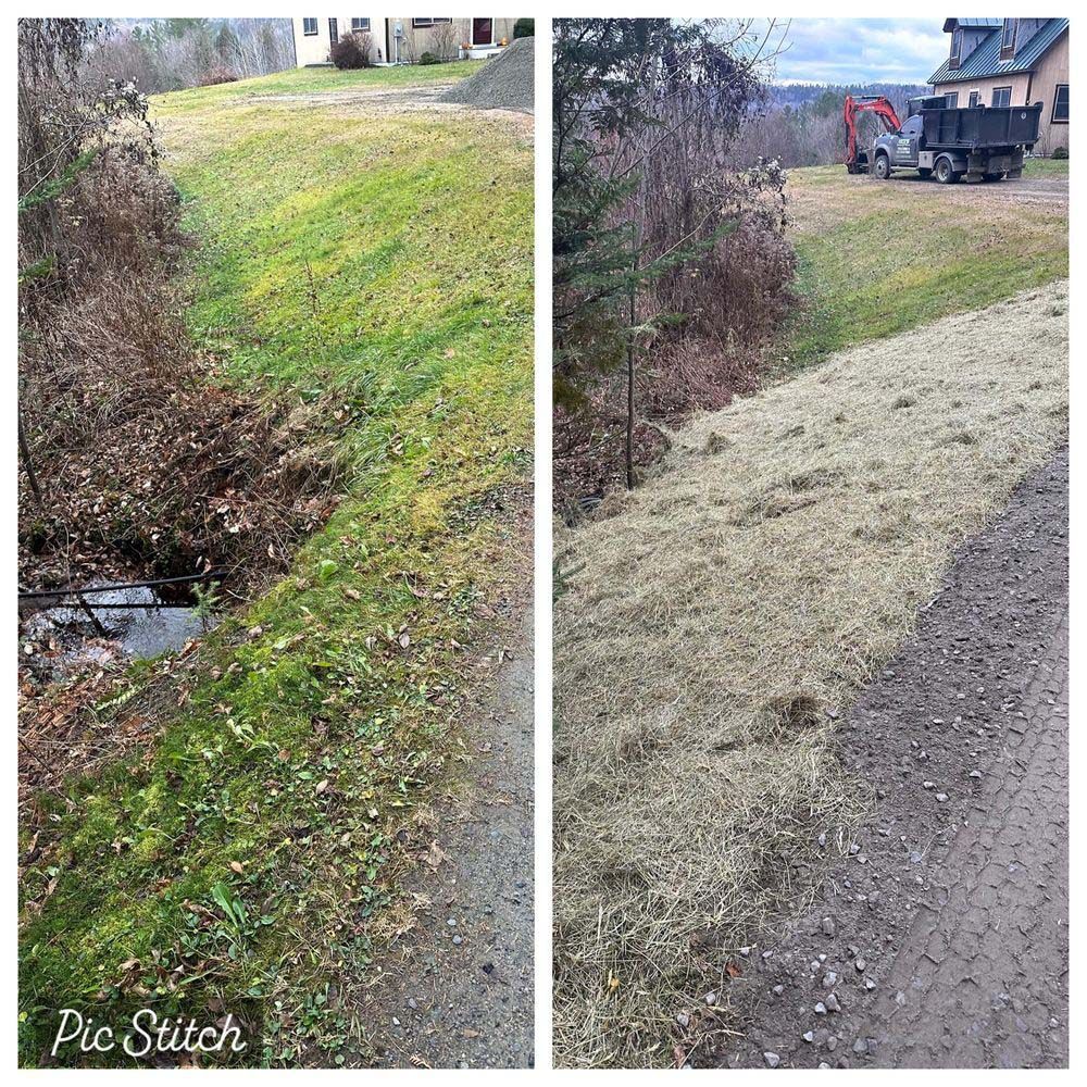 A before and after picture of a grassy area next to a dirt road.
