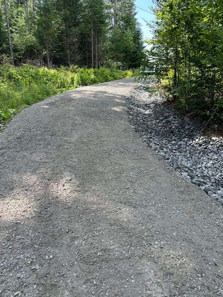 A gravel road going through a forest with trees on both sides.