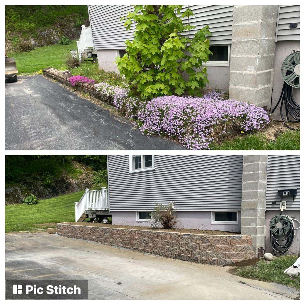 A before and after picture of a house with purple flowers in front of it.